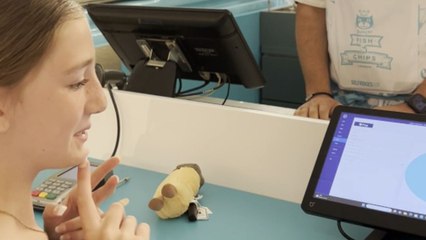 Mom takes the little girl to 'Jellycat Fish and Chips' on her birthday
