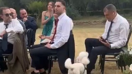 Little girl runs to join parents as they walk towards the wedding aisle