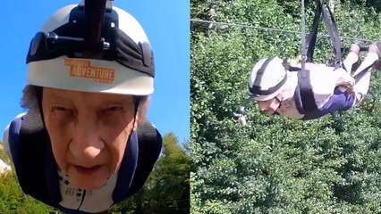 Watch as daredevil gran, 91, tackles England's longest zip line