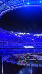 Le Stade de France éclaire le drapeau palestinien pendant le discours de Tony Estanguet lors de Paris 2024
