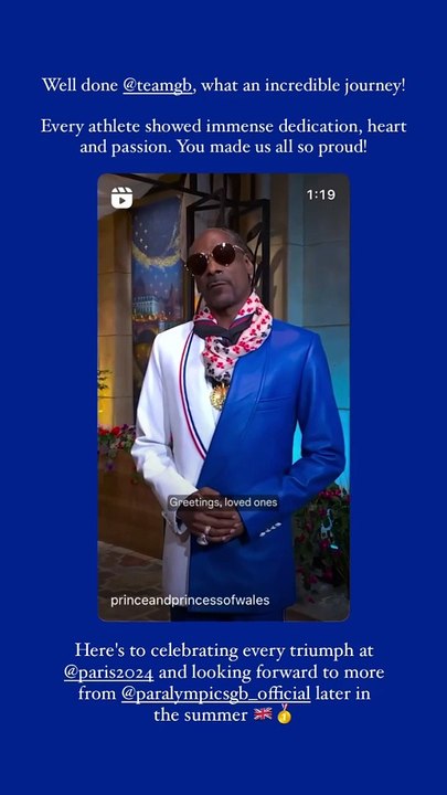 La princesse de Galles et le prince de Galles, Kate Middleton et William, félicitent en vidéo les athlètes britanniques lors de la fin des JO de Paris 2024, aux côtés d'une foule de personnalités