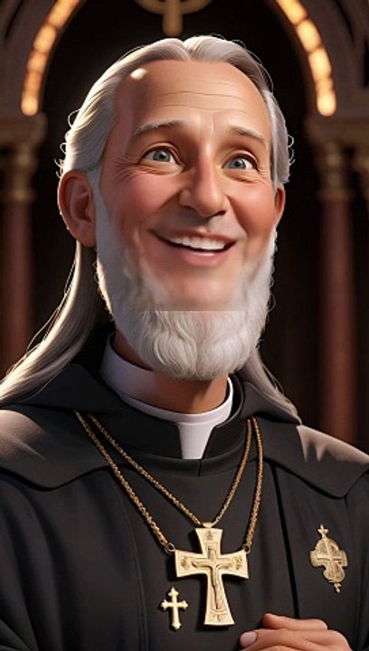 Close-up of Father Michael with a knowing smile, his