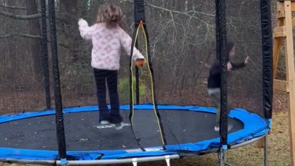 New trampoline surprise ends in comical fail as boy falls through bumper pad