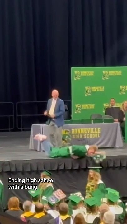 Graduation prankster Jory Anderson from Thunder Ridge High School went viral on TikTok with his dramatic tumble off stage while collecting his diploma!   Despite the gasps, he got back up to cheers!  Kandi Anderson via Storyful