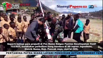 Prajurit Pos Nume Satgas Pamtas Kewilayahan Yonif 753/AVT Lakukan Perbaikan Tiang Persiapan HUT RI ke-79 di Distrik Nume, Kab. Puncak Jaya