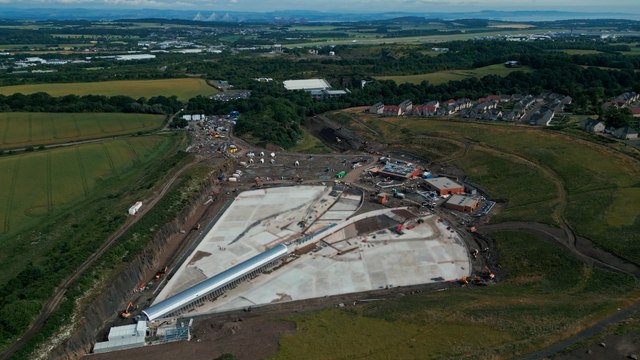 Drone footage of the Lost Shore surf resort at Ratho near Edinburgh under construction in July 2024