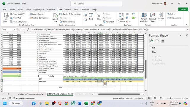 How to Calculate Portfolio Expected return Stdev, data for Efficient frontier and randarray function