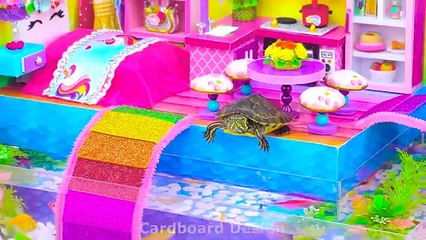 DIY Miniature House ❤️ How To Make Cute Rainbow Unicorn House with Aquarium Around from Cardboard
