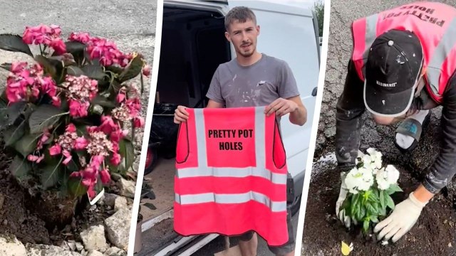 Man disgruntled with state of town's roads fills potholes - with flowers