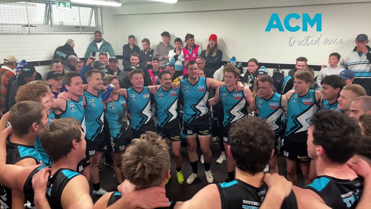 The Southern Mallee Thunder's senior footballers sing the club song after the round 17 WFNL win