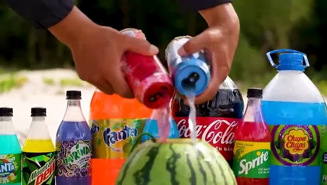 Watermelon vs Big Coca-Cola, Fanta, Chupa Chups, Monster, Mtn Dew, Sprite and Mentos Underground!_2