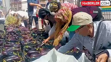 Üretim fazlası 5 ton patlıcanı yüzlerce kişiye bedava dağıttılar