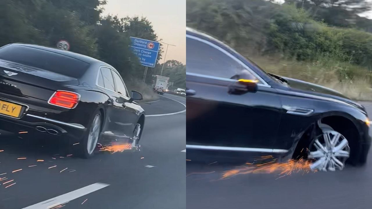 Moment £175k Bentley is driven down motorway - while missing a tyre