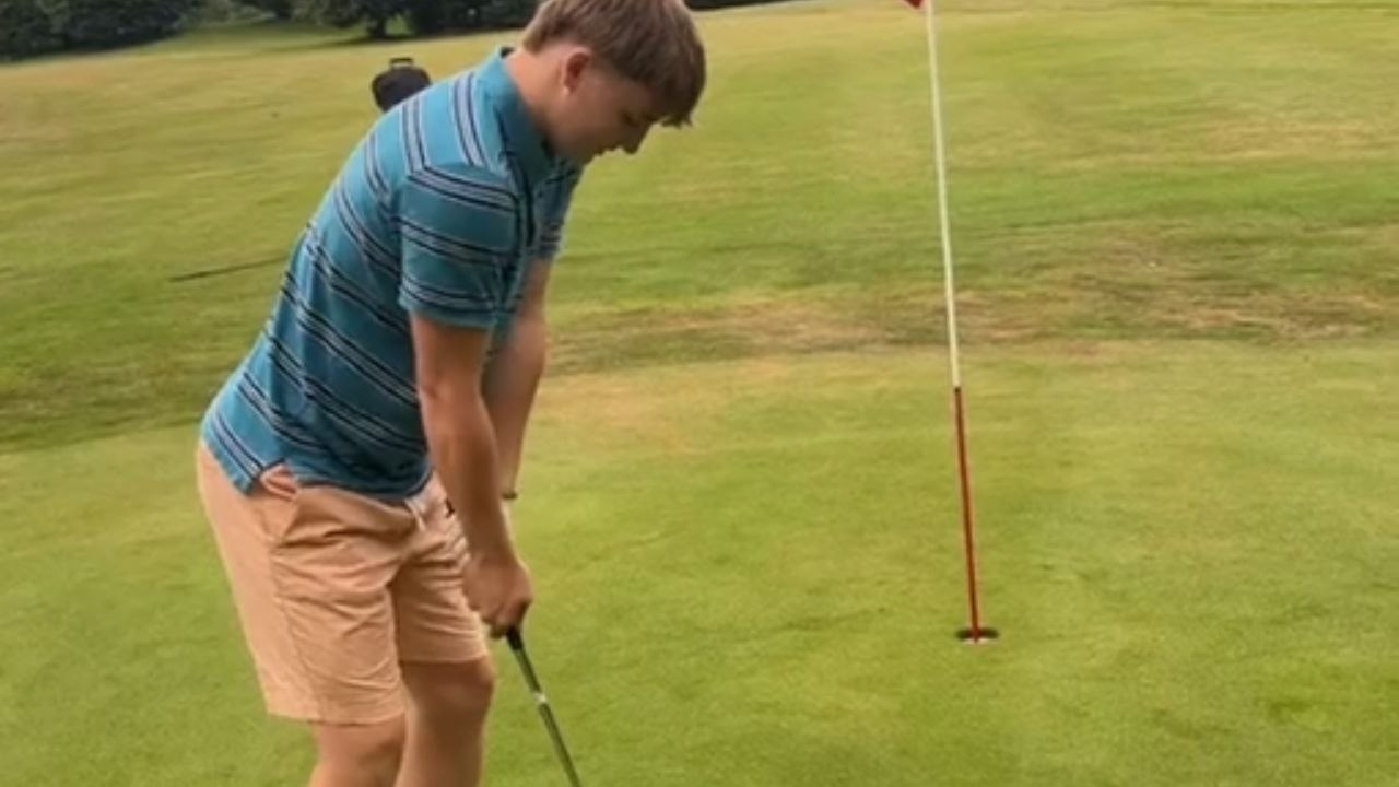 Boy accidentally destroys golf club due to being carried away with swing attempt