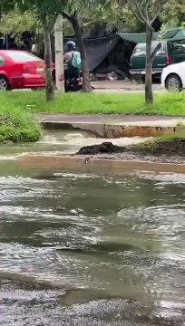 Una fuga de aguas negras, además de varios baches, provocan caos vial sobre Adolf Bernand Horn
