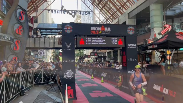 Here’s Lauren at the finish line after her 1.2 mile swim, 56 mile ride and 12.1 mile run. This is her fifth 70.3. Still finishing with a smile! #GoRenGo
