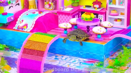 DIY Miniature House ❤️ How To Make Cute Rainbow Unicorn House with Aquarium Around from Cardboard