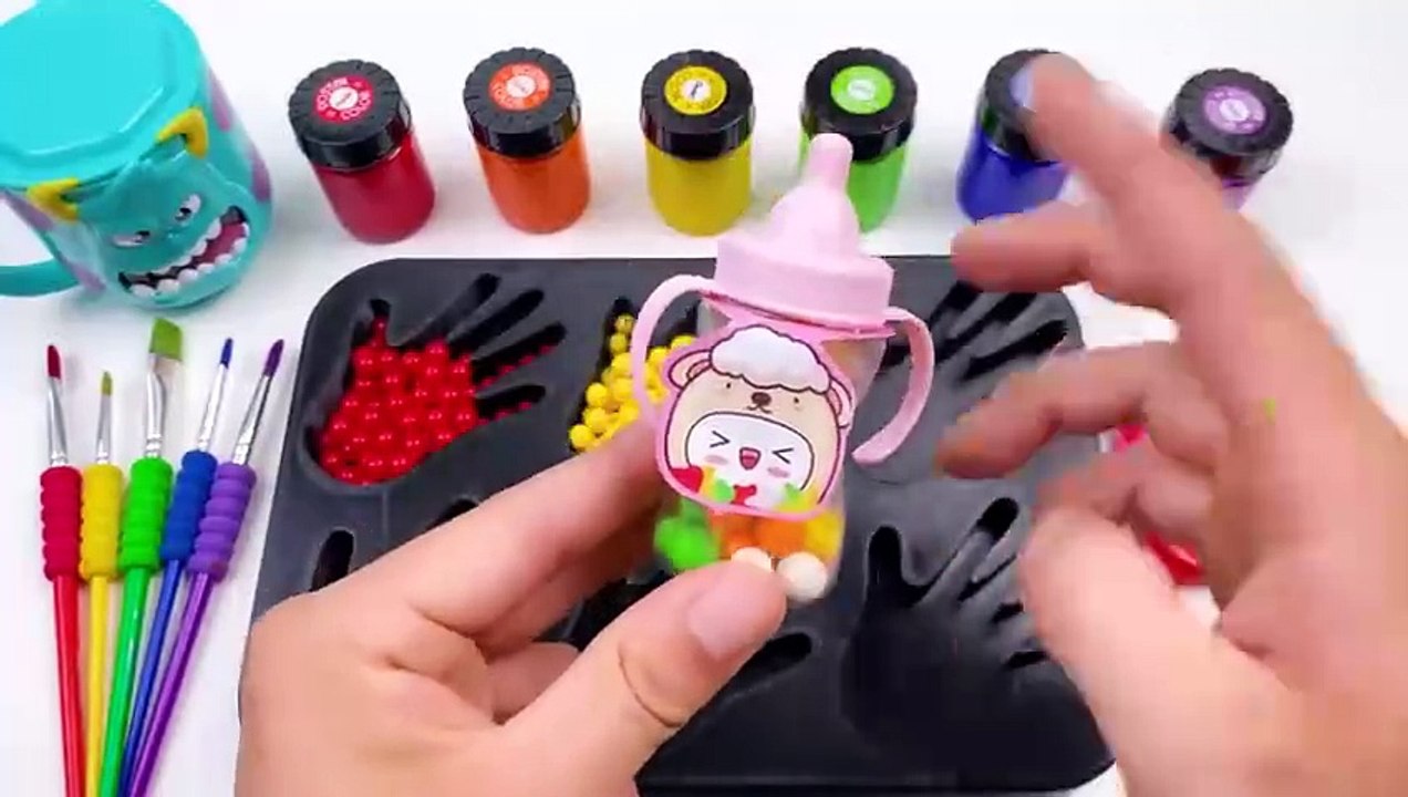 Satisfying Video - How to Make Glitter Hand Lollipop by Mixing SLIME & Rainbow Beads Cutting ASMR