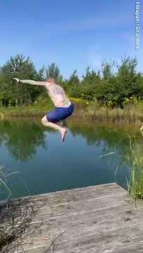 Ed Sheeran dives into pond giving us insights into his daily routine