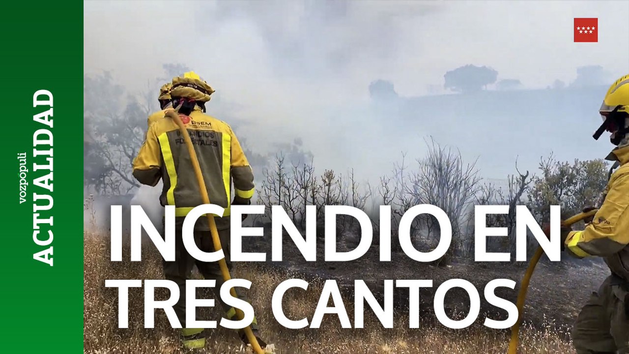Labores de extinción en un importante incendio declarado en Tres Cantos (Madrid)