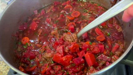 Authentic Borscht Soup - Beef Shreds with Beets and Carrots.