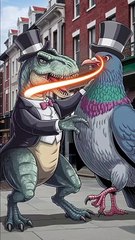 Dinosaur fighting with a big pigeon