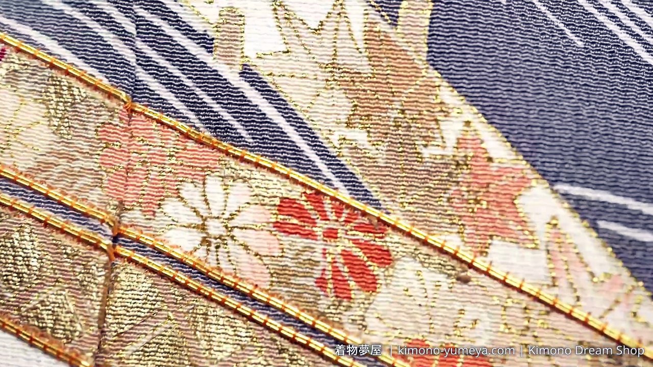 Dark Grey Tomesode with Chrysanthemums, Kikyou, Ocean Waves - Vintage Textured Chirimen Silk Kimono For Women Bamboo, Kaede, Pine Trees, Tachibana