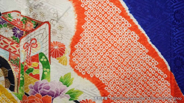 Blue & Yellow Floral Houmongi - Vintage Rinzu Silk with Chrysanthemums, Peonies, Buddhist Pattern, Kanoko, Goshoguruma - Hand Painted, Shibori