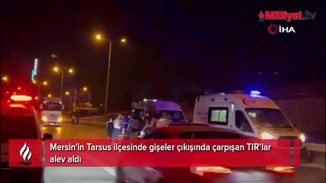 Gişe çıkışında çarpışan TIR'lar alev alev yandı