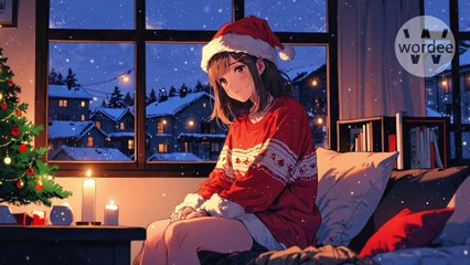 Lofi Chill Music - Santa Claus Anime girl sitting in the cozy room with a beautiful night sky and snow outside the window