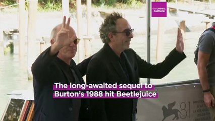 Tim Burton and the stars of "Beetlejuice Beetlejuice" arrive by boat at Venice FIlm Festival