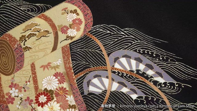 Vintage Dark Grey & Gold Tomesode - Chirimen Silk with Kiku, Sakura, Shippou, Ocean Waves, Cranes, Genji Wheels, Scrolls, Yukiwa - Kimono For Women