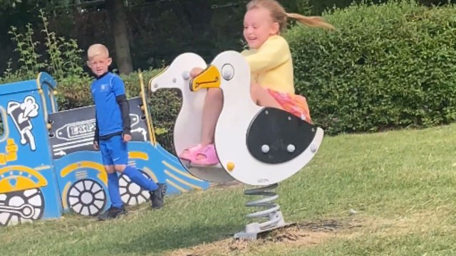 Siblings experience sheer joy while riding spring riders in the park