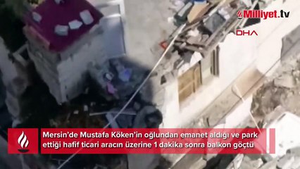 Park ettiği hafif ticari aracın üzerine 1 dakika sonra balkon göçtü; o anlar kamerada