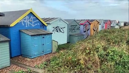 Graffiti on Bulverhythe Beach Huts, St Leonards, East Sussex on August 31. 2024
