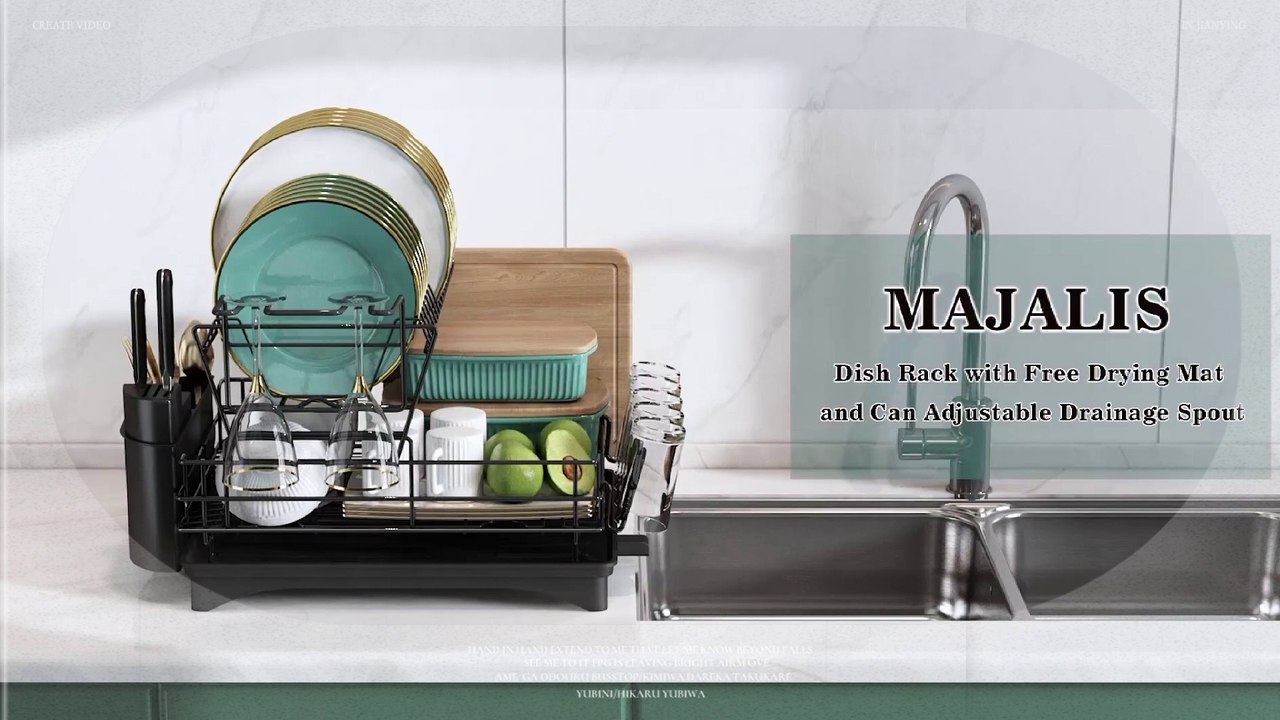 MAJALiS Dish Drying Rack for Kitchen Counter, Stainless Steel Large Dish Drainers Strainer with Drainboard Set for Sink, 2 Tier with Utensil Holder, Cups Holder,Extra Drying Mat, Black