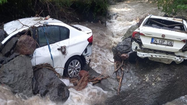 Artvin'de sel: Otomobil taşan derede metrelerce sürüklendi