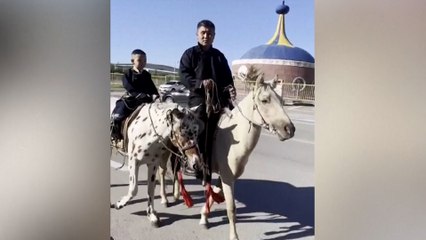 La tierna imagen de un niño a lomos de su caballo en su primer día de colegio