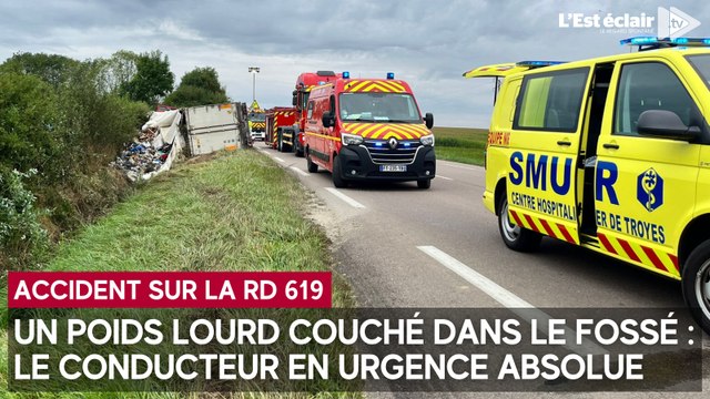 Un poids lourd couché dans le fossé sur la RD 619 entre Mesnil-Saint-Père et la Villeneuve-au-Chêne