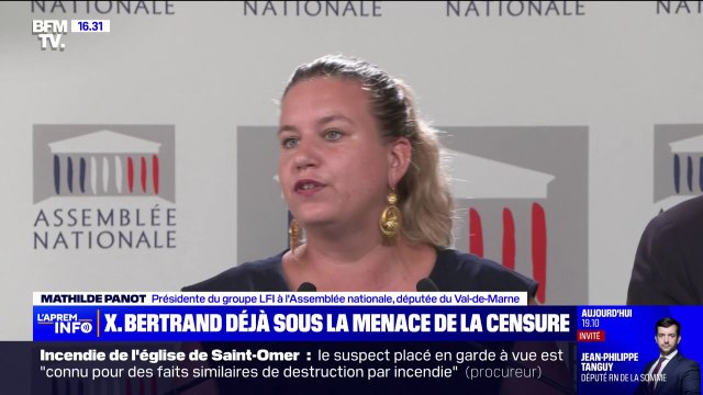 Mathilde Panot (LFI): Le groupe parlementaire a reconfirmé le dépôt d'une motion de censure immédiate en cas de nomination d'un gouvernement hors NFP