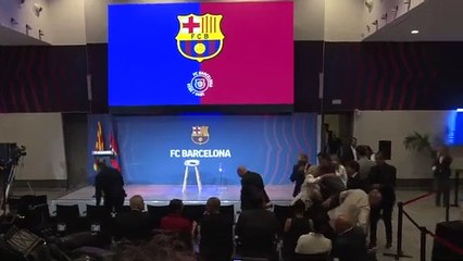 La rueda de prensa de Joan Laporta en el Auditori 1899 del Camp Nou