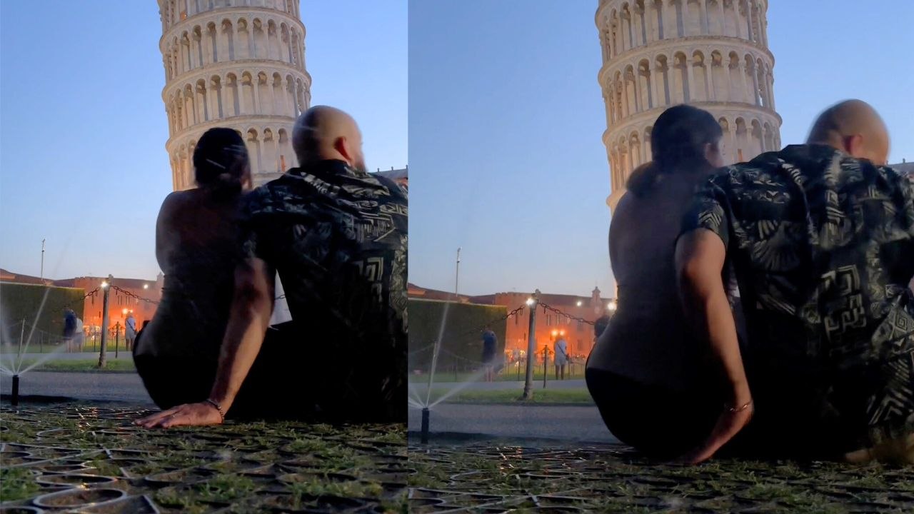 Sprinkleranlage ruiniert romantisches video vor dem turm von pisa