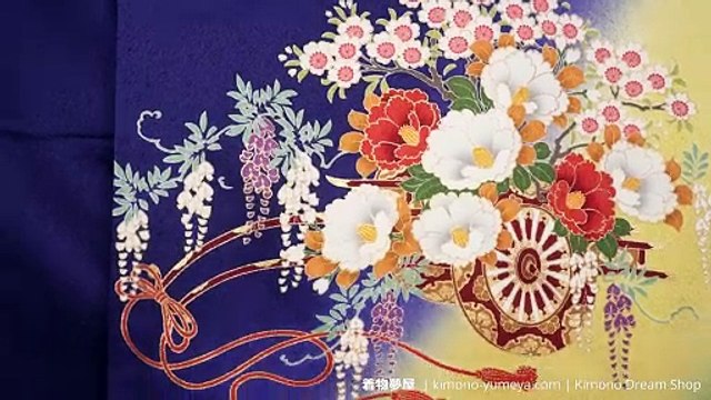 Vintage Blue Green & Yellow Floral Rinzu Silk Furisode with Hand Painted Kiku, Peonies, Plum Blossoms, Flower Cart, Butterflies - Women’s Kimono