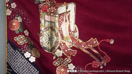 Deep Red & Purple Furisode Vintage Soft High Quality Rinzu Silk with Plum and Cherry Blossoms, Shippou, Kanoko, Goshoguruma - Yaegasane, Real Shibori