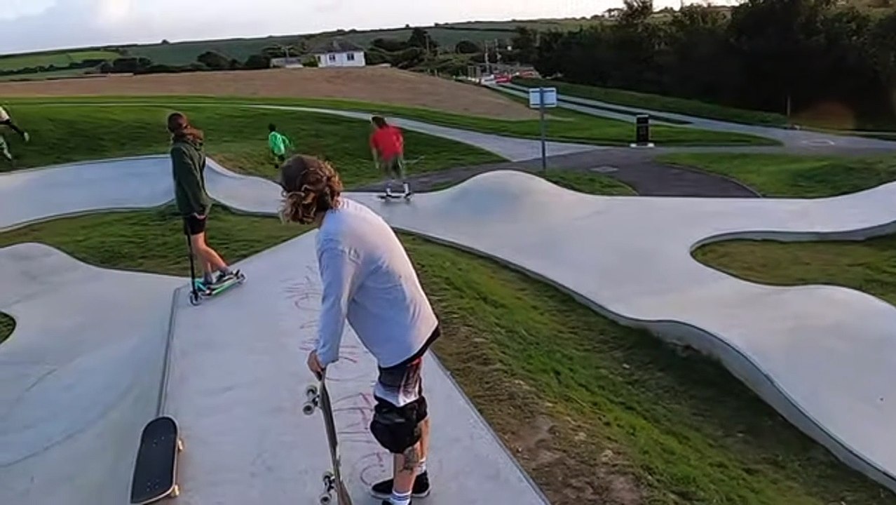professional skateboarder Sean Goff tries out the new pumptrack at Nansledan skate park