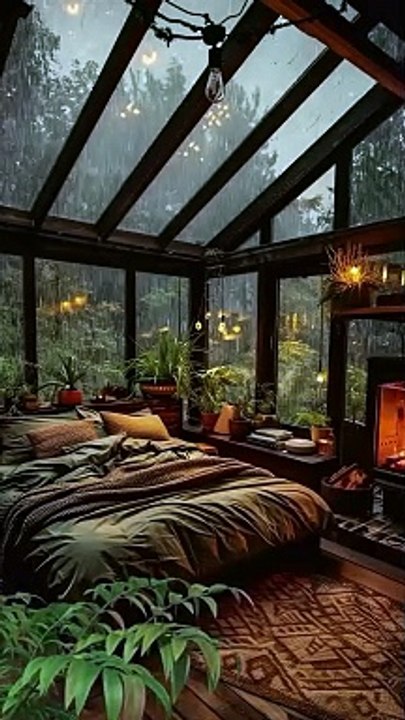 Snuggle up in this cozy glass bedroom, surrounded by the soothing sounds of a thunderstorm.