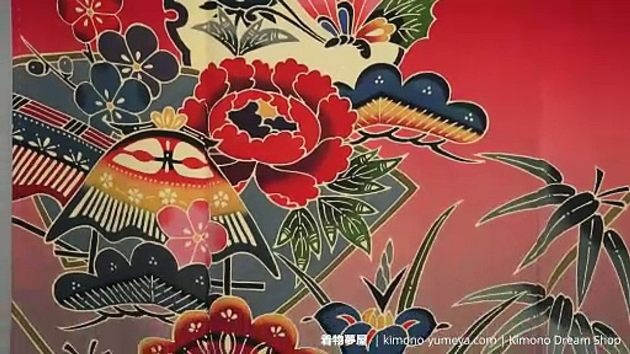 Okinawa-Inspired Black Red Furisode Soft Chirimen Silk with Hand Painted Botan, Umezakura, Take no Ha, Matsu, Butterflies, Oshidori, Yukiwa, Sensu