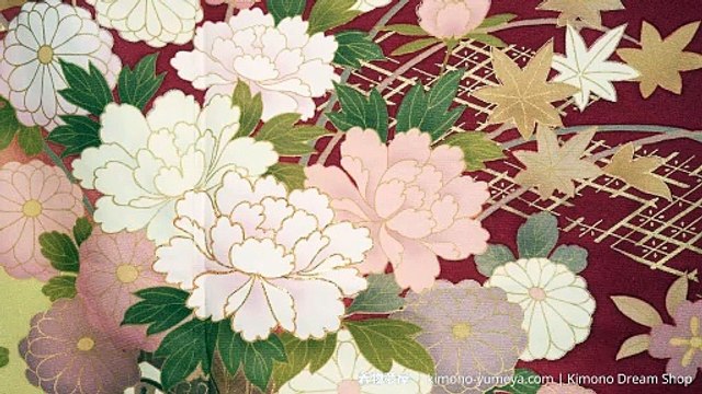 Vintage Dark Red & Brown Furisode High Quality Silk with Hand Painted Kiku, Botan, Umezakura, Hishi, Hanaguruma, Kaede, Matsu - Kimono For Women