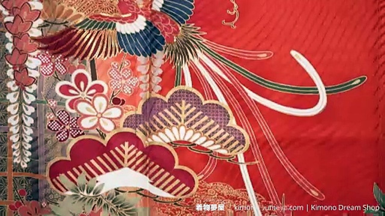 Orange & Gold Furisode Vintage High Quality Rinzu Silk with Hand Painted Plum Blossoms, Wisteria, Pine Trees, Phoenixes, Clouds - Kimono For Women