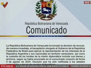 Comunicado | Venezuela revoca beneplácito a Brasil de representación de intereses de Argentina
